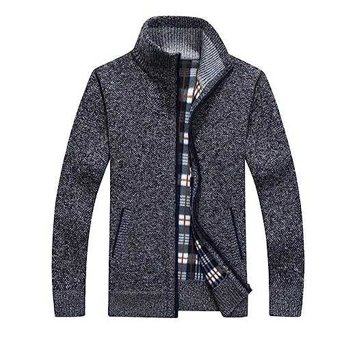 NQyIOS Mens Zip Up Thick Fleece Lined Winter Knitted Cardigan Classic Jumper Cardigan Warm Long Sleeve Stand Collar Jacket Coat Plaid Knit Turtleneck Sweater Full Zip Up Knitwear Outwear