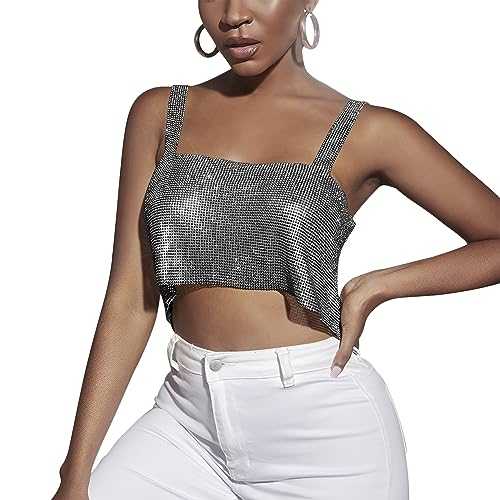 NICEYEA Charming Nightclub Rhinestones Backless Tube Top Sparkling Halter Sleeveless Top Sexy Double Shoulder Straps Hollow Mesh Crop Top for Prom Dance Ball Party Rave Clubwear