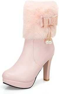 WOkismD Women's Bow Winter Warm Ankle Boots Faux Fur Collar Round Toe Platform Chunky Heel Booties Side Zipper Design And Pearl Decoration