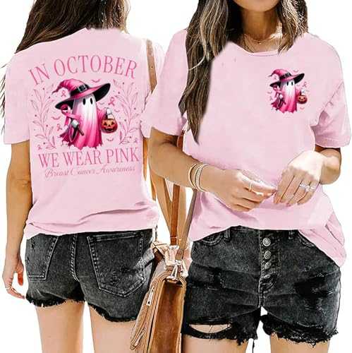 BOMYTAO Women's Breast Cancer Awareness Shirts in October We Wear Pink Halloween Ghost T-Shirt Pink Ribbon Warrior Tee