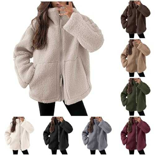 Berimaterry Women's Sherpa Fleece Jackets Casual Winter Stand Up Warm Coats for Ladies Outwear Full Zip Soft Jackets with Pockets