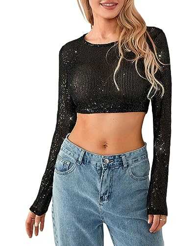 Women Full Sequin Long Sleeve Cropped Tops Sparkle Glitter Round Neck Show Navel Bodysuit T-Shirt Blouses E-Girl Streetwear Clubwear