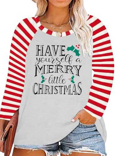 MAXIMGR Plus Size Have Yourself a Merry Little Christmas T-Shirt for Women 3/4 Sleeve Raglan Graphic Xmas Top Tees Shirt