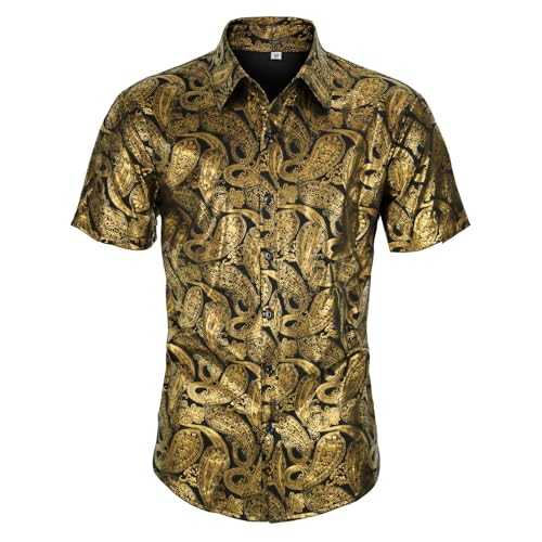 CARUHIF Men's 70s Shirt Retro Disco Paisley Shitrs Short Sleeve Casual Party Costume, Z3886ye, Medium