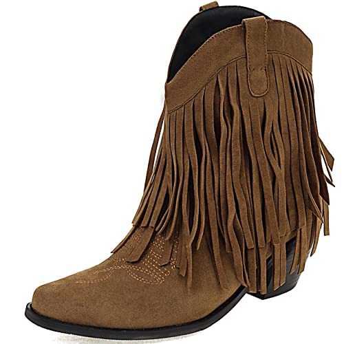 XINXINIO Women Block Heel Cowboy Ankle Boots with Tassels Slip-on Booties with Chunky Heel
