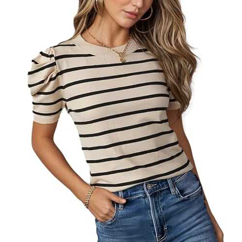 Women's Puff Sleeve Striped Short Top Trendy Crewneck T-Shirt Summer Casual Knitted Sweater