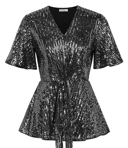 GRACE KARIN Women's Sparkle Sequin Tops Short Bell Sleeve V-Neck Tie Front Peplum Glitter Sequined Dressy Blouse