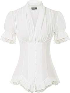 SCARLET DARKNESS V-Neck Tops Blouse Lace Up Vintage Renaissance Shirt Short Sleeve for Women S SL2136-1 White