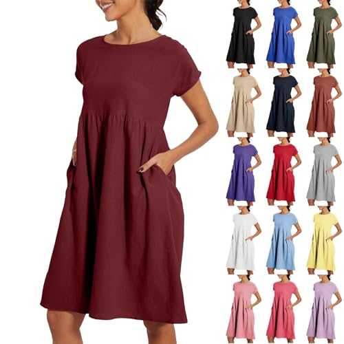 Zhsxertwy Summer Dresses for Women UK Plus Size Beach Sundress Casual Round Neck Short Sleeve Shirt Dress with Pockets