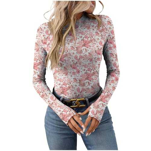 Women Long Sleeve Tunic Shirts UK Clearance, Mockneck Floral Mesh Tops Trendy Slim Fit Sexy See Through T-Shirt Blouses Going Out Tops with Thumb Hole Fashion Pullover Party Club Night Lace Blouse