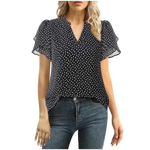 Ladies Tops 2025 Women's Summer Chiffon Blouse Ruffle Short Sleeve T-Shirt Solid Color Casual V Neck Tunic Tops Fashion Baggy Solid Plain Casual Shirts Trendy Blouse