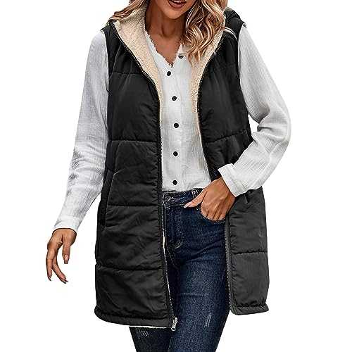 Quilted Gilets Down Gilets Women Long Hooded Lightweight 2In1 Reversible Teddy Lined Sleeveless Gilets Long Gilets Plus Size Buffer Gilets Winter Gilets Ladies Vests