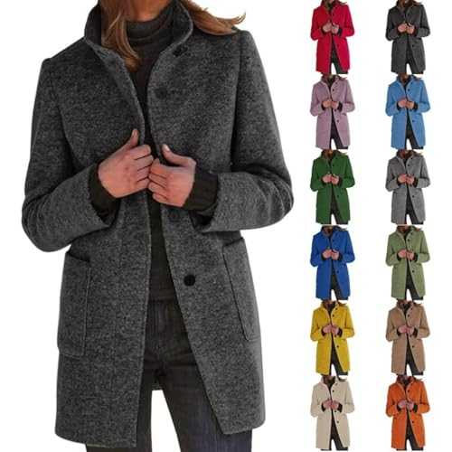 Women's Coats Long Sleeve Solid Color Button Down Mid-Length Pea Jackets Oversized Trench Woollen Cardigans Trendy Stand Collar Overcoats with Pockets Ladies Winter Warm Parka Outerwear