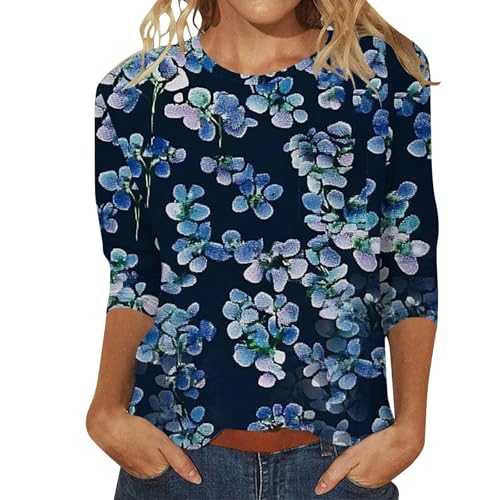 Women Tops,Womens T Shirts,Women's 3/4 Length Sleeve T Shirts Casual Round Neck Cute Tunics Tops Basic Loose Fit Tees with Pocket Blouses Long Sleeve Shirt,Womens Shirt