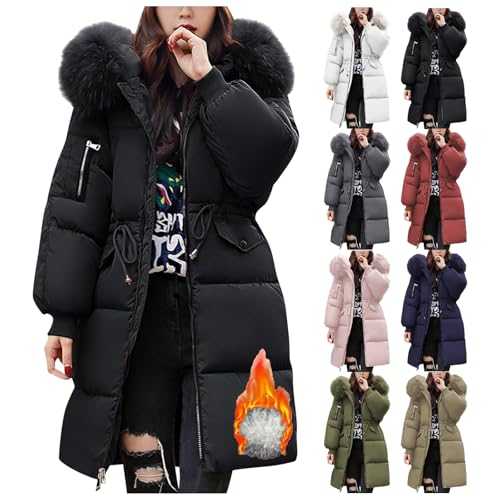 Yinguo Winter Jackets for Women UK Quilted Down Long-Lenght Puffer Coats Ladies Lightweight Waterproof Jacket with Fur Hood Plus Size Slim Trench Coat Warm Outwear