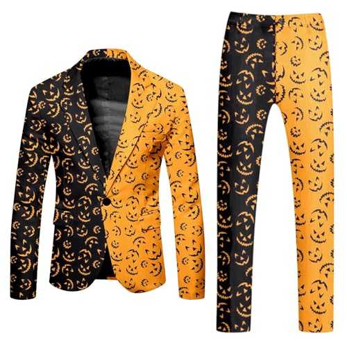 Caxndycing Halloween Suit Men's Pumpkin Colour Block Outfits Slim Fit Includes Blazer and Trousers 3D Pumpkin Print Set Party Funny Prom Suits for Carnival and Theme Parties