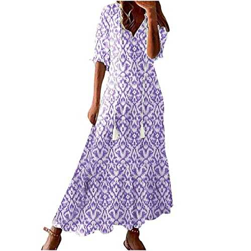 Summer Dresses for Women UK Plus Size Short Sleeve Boho Maxi Dresses Floral Print Long Dress A Line V Neck Dress Ladies Chiffon Dress Beach Tunic Dress Vacation Holiday Clothes