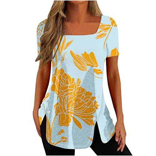 Ladies Tops Long Tops to Wear with Leggings Square Neck Short Sleeve Tops Tie Dye Print T-Shirt Longline Tops Button Up Tees Summer Irregular Hem Shirt Blouse Holiday Clothes for Women UK Sale