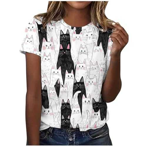 Summer Blouse for Women UK Casual Short Sleeve Crewneck Tunic Tops Funny Cute Cat Print T Shirts Dressy Trendy Plus Size Tshirts Comfy Loose Fit Tee Going Out Top Ladies Blouses