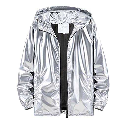 RUMAOZIA Men's Shiny Jacket Party Lightweight Metallic Long Sleeve Night Club Trench Coat Shiny Hoodie Hooded Disco Men's Coat Hooded Jacket with Zip Plain Baseball Bomber Jacket