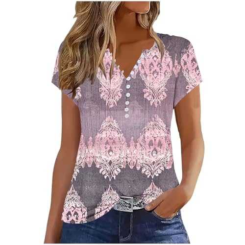 Women's Short Sleeve T Shirt V Neck Button Up Tunic Tops Elegant Vintage Floral Printed Blouse Ladies Henley T-Shirt Swing Blouses Loose Casual Shirts Pullover for Going Out