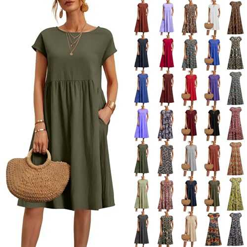 Going Out Dresses for Women UK 2024 Summer Casual Comfy Linen Cotton Short Sleeve Tunic Beach Midi Dresses Plus Size Floral Cover Ups T Shirt Dresses with Pockets Lilac Dress