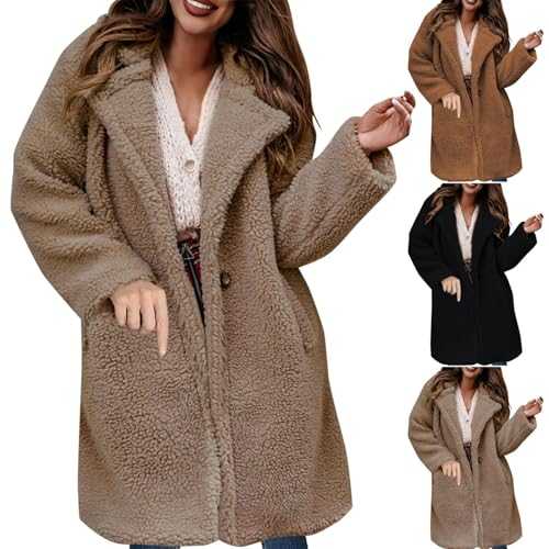 loobun Women's Sherpa Jackets Long Length Fuzzy Fleece Coats Faux Fur Teddy Bear Long Coat Teddy Overcoats with Pockets Lapel Collar Fleece Cardigan Vintage Jackets