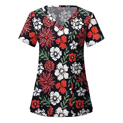 Ladies Summer Tops Regular-Fit Floral Printed T-Shirts with Pocket Comfortable Soft V-Neck Short Sleeve Working Uniform Blouse Shirts for Women
