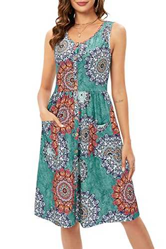 OUGES Women's Summer Spring Dress Ladies Sleeveless V Neck Button Down Midi Dresses with Pockets