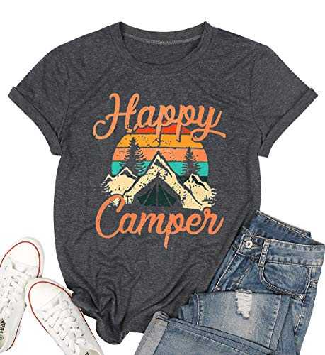 Happy Camper Shirt for Women Funny Cute Graphic Tee Short Sleeve Letter Print Casual Tee Shirts