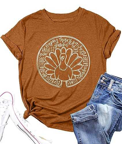 Thanksgiving Shirt for Women Turkey Print T-Shirts Thankful Fall Short Sleeve Tee Tops
