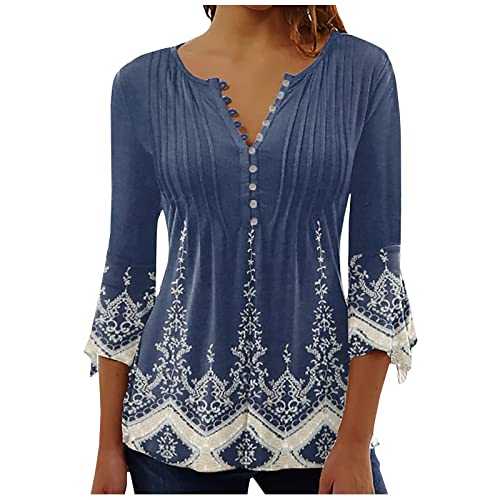 Womens Tops Sale Clearacne,3/4 Sleeve Tops Floral Printed V Neck Button Down Shirts Elegant Pleated Blouse Ladies Plus Size Casual Flowy Tunic Blouse Swing T-Shirts Summer Tops