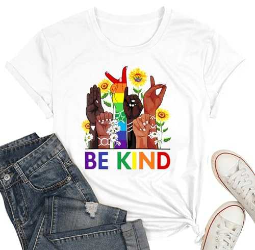 WEITUN Be Kind Sign Language Shirt for Women Rainbow Pride Graphic T Shirts Kindness Short Sleeve Equality Tee Tops