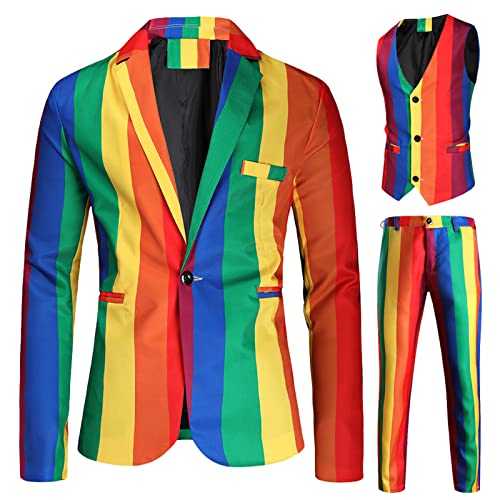 Mens Christmas Suit 3 Piece Rainbow Suit Jacket Rainbow Party Waistcoat Stripe Trousers Suits Set for Men UK, Men's Rainbow Blazer for Pride Event Vest Suit Pants Tuxedo for Evening Dinner Formal Wear