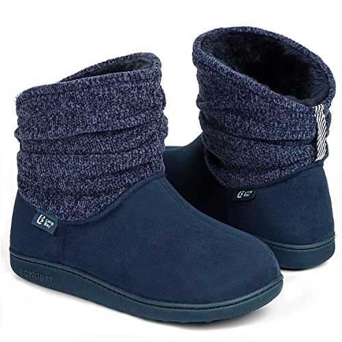 LongBay Ladies' Warm Chenille Knit Bootie Slippers Comfy Suedette Fluffy Faux Fur Memory Foam Boots House Shoes