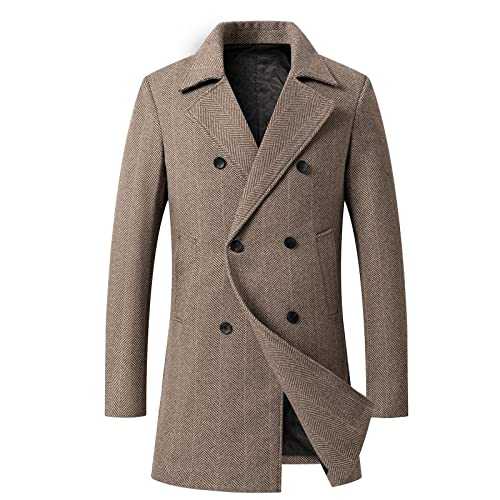 HAOLEI Trench Coat Men Sale Clearance,Men's Pea Coat Double Breasted Notched Collar Tweed Overcoat Regular Fit Mid Length Windbreaker Winter Warm Wool Jacket Business Casual Duffle Coats UK Size 8-16