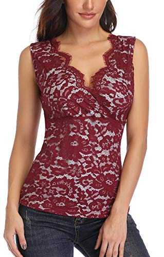 MISS MOLY Women's Sexy Cross Front V Neck Floral Lace Tank Top Slim Vest Shirt