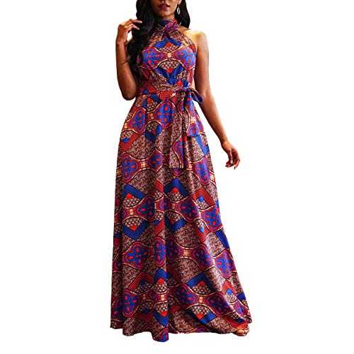 VERWIN Floor Length Lace-Up High Waist Stand Collar Sleeveless Women's Maxi Dress Print Dress