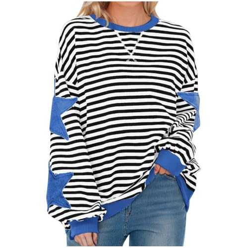 Free People Oversized Sweatshirt for Women Striped Star Pullover Tops Drop Shoulder Long Sleeve Sweatshirts Y2k Tops Loose Fit Casual Blouses Pullovers Baggy Lightweight Tops Spring Fall Blouse