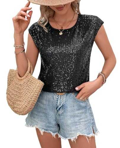 MINTLIMIT Women's Sequin Tops Crew Neck Shimmer Glitter Top Cap Sleeve Sparkly Blouse Club Party Shirt