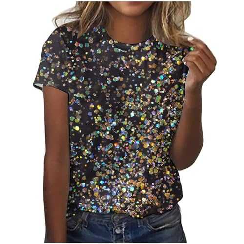 Sequin Sparkly Tops for Women UK Fashion Short Sleeve Round Neck Party Tops Causal Trendy Elegant Evening Glitter T Shirt Y2k Clubbing Shining Party Blouse Ladies Retro Holiday Dressy Sweatshirts