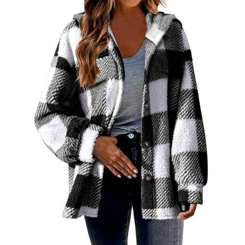 Yolimok Sherpa Fleece Jacket Women Plus Size Soft Fleece Hooded Fluffy Cardigan Coat Plaid Shacket Fall Jacket Fleece Lined Button Down Peacoats Plaid Lapel Casual Coats Y2K Shirt Jackets