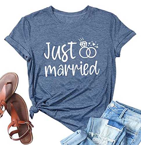 SUPEYA Women Just Married Tshirt Newlywed Honeymoon Shirts Vacation T-Shirt Wedding Gift Short Sleeve Tops