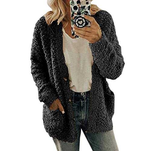 Women Coat Jacket Plus Size Sherpa Furry Teddy Faux Lambswool Solid Color Pockets V-Neck Button-Down Warm Outerwear