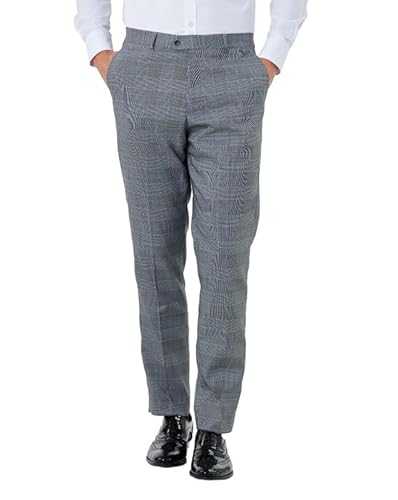 EKON - Mens Prince of Wales Check Suit Trousers Formal Classic Tailored Fit Tapered Legs