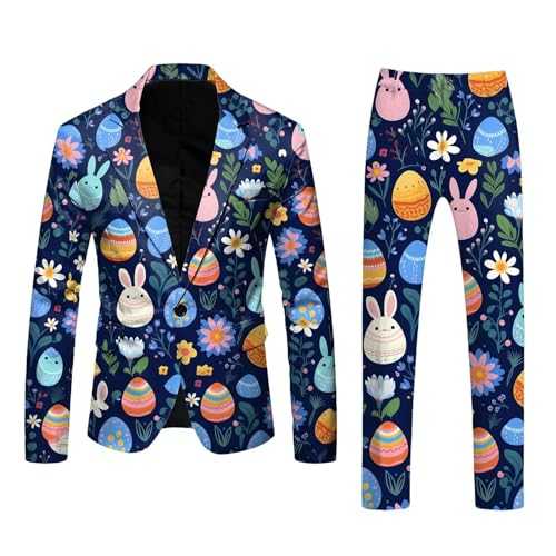 Foweknow Suit Costume Men's Funny Easter Jacket Suit Trousers Sets Slim Fit Fashionable Print Leisure Suit Sporty Regular Fit Two Piece Easter Suit Jacket Outdoor Trousers 2 Pieces