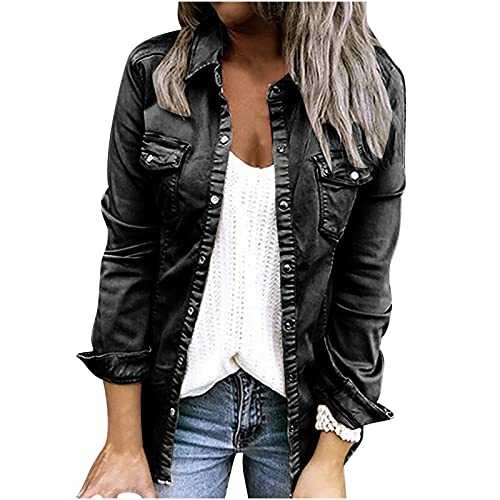 HAOLEI Women Denim Jacket Button Up Ruffle Jean Jacket Solid Long Sleeve Lapel Collar Shirt Jacket with Pockets UK Size 8-16