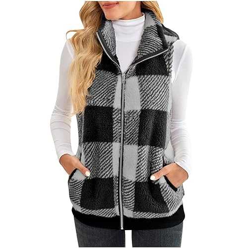 HAOLEI Tartan Gilet for Women UK Sale Clearance,Ladies Fleece Vest Plaid Gilet Checked Jacket Sherpa Fleece Warm Soft Waistcoat Fuzzy Jacket Teddy Coat Winter Zip-Up Lightweight Body Warmer Outwear