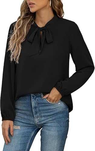 Womens Blouses Summer Dressy Chiffon Ladies Tops Long/Short Sleeve Tie Neck Elegant T Shirts