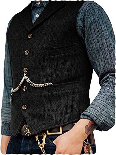 Mens Classic Wool Tweed Suit Vest Casual Sleeveless Jacket Herringbone Waistcoat for Tuxedos